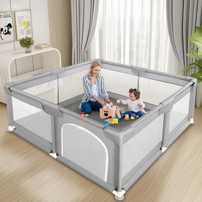 Tarc de Joaca pentru Bebelusi si Copii Elindor® cu Husa Groasa din Spuma, Spatiul Sigur de Joaca, Plasa de Protectie, Include Usa cu Fermoar, Materiale Eco-Friendly și Non-Toxice, Varsta 0-5 ani, 127 x 127 cm, Gri