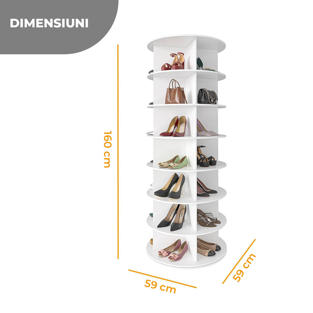 Organizator pentru Pantofi Elindor® Pantofar cu 4x 7 Nivele, Rotativ 360°, Suport pentru Papuci, Dulap Hol, Dormitor, Economisire Spatiu, Depozitare Incaltaminte, 59×59×160 cm, Alb