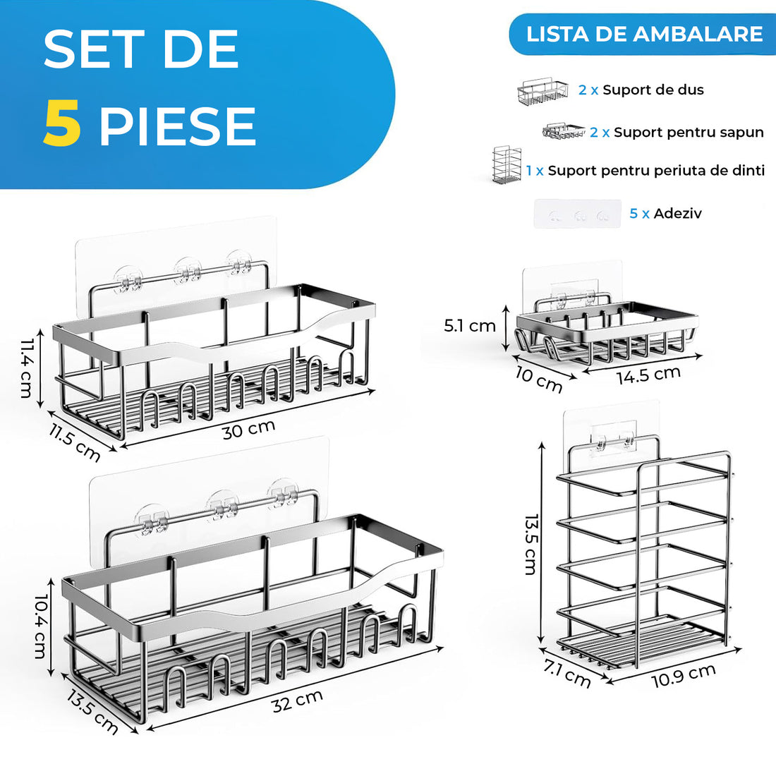 Set 5 Rafturi de Dus Elindor® Polita cu Adeziv, Etajera de Baie, Raft cu Carlige, din Otel Inoxidabil, Suport Prosop si Sapun, Organizator Baie sau Etajere Depozitare in Bucatarie, Accesorii Sanitare, Argintiu