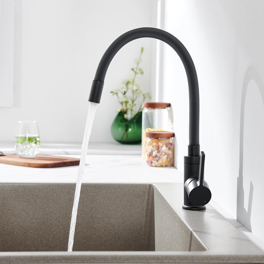 Baterie Neagra Chiuveta Bucatarie Elindor®, Robinet de Apa cu Jet Reglabil, Modern, cu Pipa Flexibila, Monocomanda, Rotativ 360°, pentru Bucatarie, Otel Inoxidabil, Finisaj Cromat