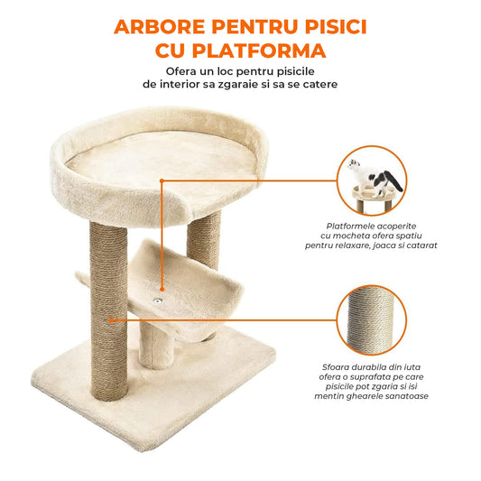 Ansamblu de Joaca Elindor® pentru Pisici, Post pentru Zgariat din Sisal, Stalp pentru Ascutit Gheare, Baza Solida, 2x Loc pentru Dormit, Accesorii Animale de Companie, Montare Usoare, 50 x 47 x 32 cm, Bej / Maro