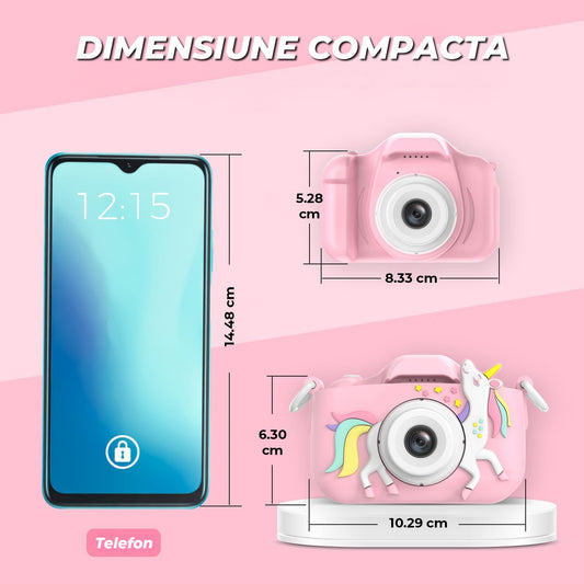 Camera Copii Elindor® HD 1080p Cu Ecran Mare, Aparat Educativ, Jucarie Creativa cu Functie Foto Video, Cadou Interactiv, Jucarii Copii 3–8 Ani, Usor de Folosit, Rezistenta la Socuri, Roz