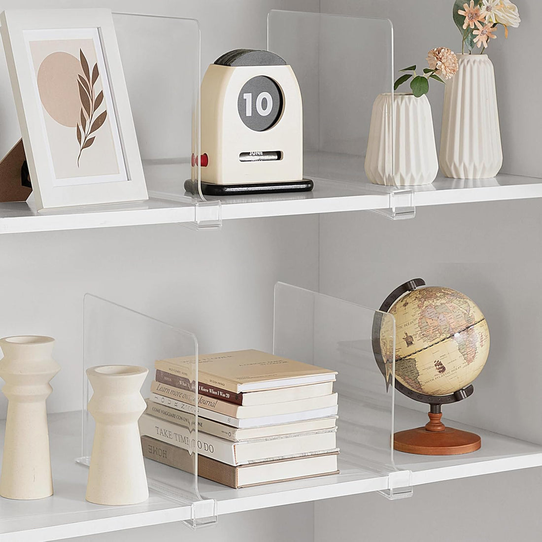 Set 4 separatoare acrilice Elindor®, de 30 cm pentru rafturi, organizator pentru haine, genti si prosoape, montaj rapid fara scule, pentru rafturi de pana la 2.4 cm grosime, Organizatoare baie, lazi, acte, camara, Transparent, Plastic