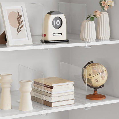 Set 4 separatoare acrilice Elindor®, de 30 cm pentru rafturi, organizator pentru haine, genti si prosoape, montaj rapid fara scule, pentru rafturi de pana la 2.4 cm grosime, Organizatoare baie, lazi, acte, camara, Transparent, Plastic