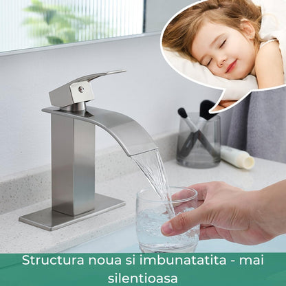 Baterie Cascadă Elindor® pentru Chiuveta Baie, Finisaj Nichel Satinat, Mâner Unic, Placă pentru 1 sau 3 Găuri