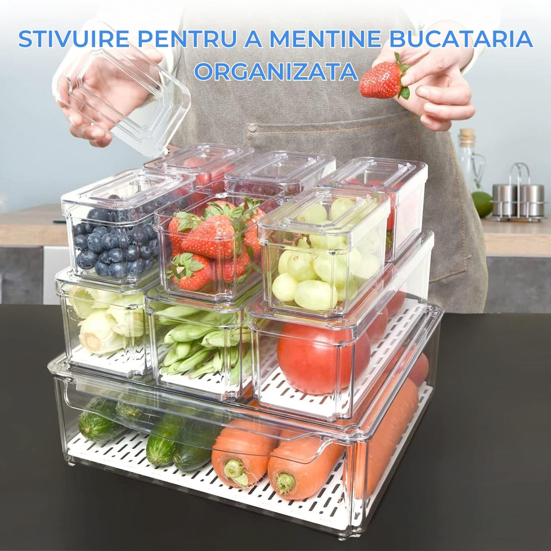 Set 10 Organizatoare Elindor® pentru Frigider cu Capace, Suprapozabile, Cutii Organizare, BPA-Free, pentru Fructe si Legume