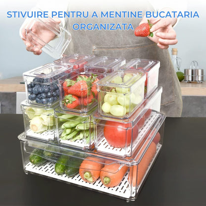 Set 10 Organizatoare Elindor® pentru Frigider cu Capace, Suprapozabile, Cutii Organizare, BPA-Free, pentru Fructe si Legume