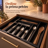 Organizator Elindor® pentru Tacamuri si Ustensile de Bucatarie, 9 Compartimente, Sertar Extensibil, Suport Ajustabil pentru Cutite, Linguri, Furculite, Accesorii Bucatarie, Separator Sertar, 33.7-50 x 45 x 5 cm, Negru