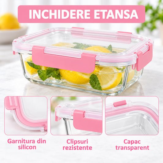 Set de 10 Caserole Elindor® din Sticla Borosilicata, Recipiente Ingrediente pentru Bucatarie, pentru Alimente Uscate, Recipient pentru Depozitare Zahar, Cafea, Paste, Cereale, Capac Etans, Roz