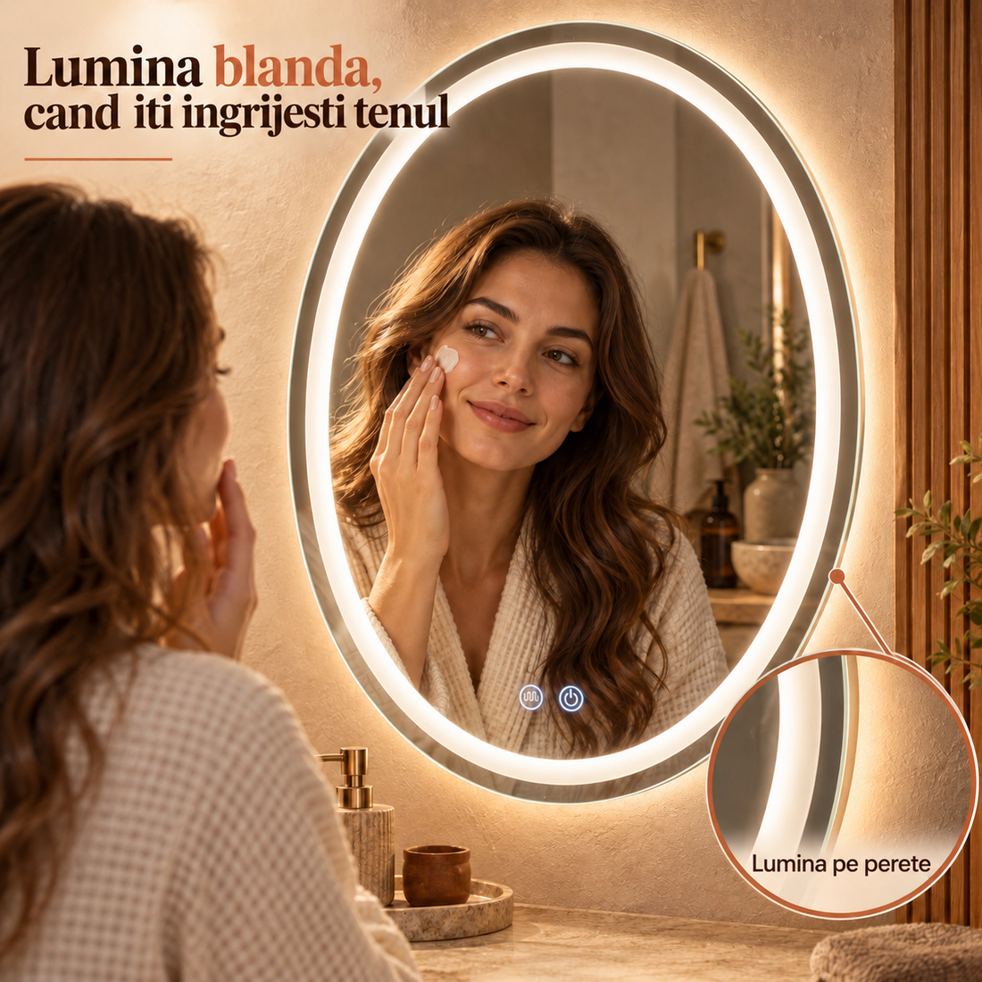 Oglinda de Perete Elindor® Antiaburire, Ovala, Montare pe Verticala, fara Rama, Ideala pentru Baie, Iluminare Led, Buton ON/OFF Luminat si Noaptea, Rezistenta la Umiditate IP44, 60 x 80 cm