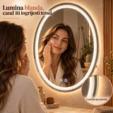 Oglinda de Perete Elindor® Antiaburire, Ovala, Montare pe Verticala, fara Rama, Ideala pentru Baie, Iluminare Led, Buton ON/OFF Luminat si Noaptea, Rezistenta la Umiditate IP44, 60 x 80 cm