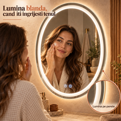 Oglinda de Perete Elindor® Antiaburire, Ovala, Montare pe Verticala, fara Rama, Ideala pentru Baie, Iluminare Led, Buton ON/OFF Luminat si Noaptea, Rezistenta la Umiditate IP44, 60 x 80 cm