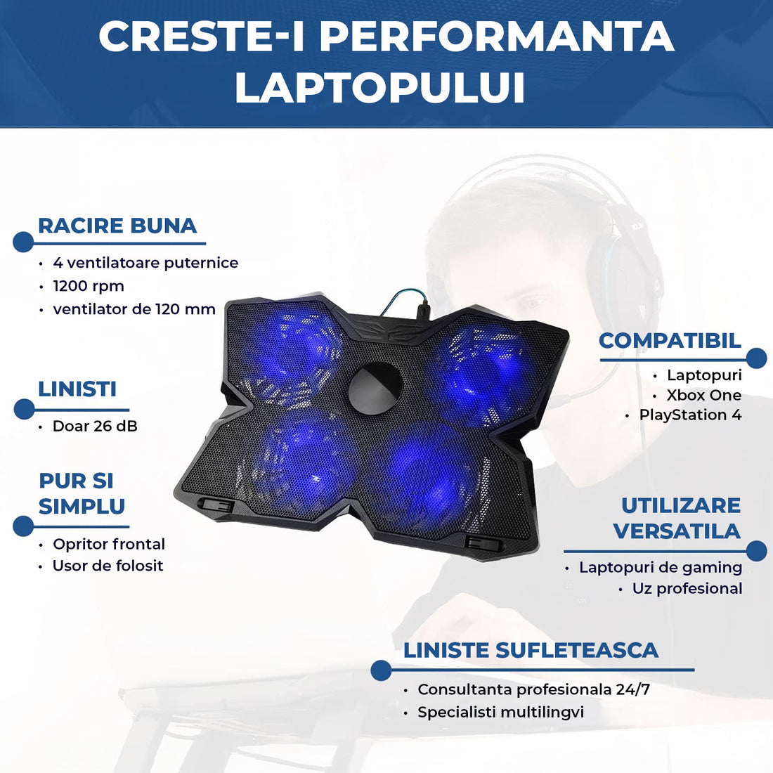 Cooler Laptop Gaming RGB Elindor® Suport cu Unghi Reglabil pe 2 Nivele, Viteza Ajustabila, Dimensiuni Compatabile 11-19 Inch, 4 Ventilatoare Puternice si Silentioase, 2 Porturi USB, Suport Telefon, pentru Birou, Calatorii, 40.5 × 28.5 × 3.1 cm, Albastru