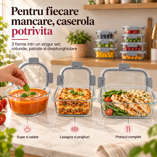 Set de 12 Caserole Elindor® din Sticla Borosilicata, Recipiente Ingrediente pentru Bucatarie, pentru Alimente Uscate, Recipient pentru Depozitare Zahar, Cafea, Paste, Cereale, Capac Etans, 320–1040 ml, Gri