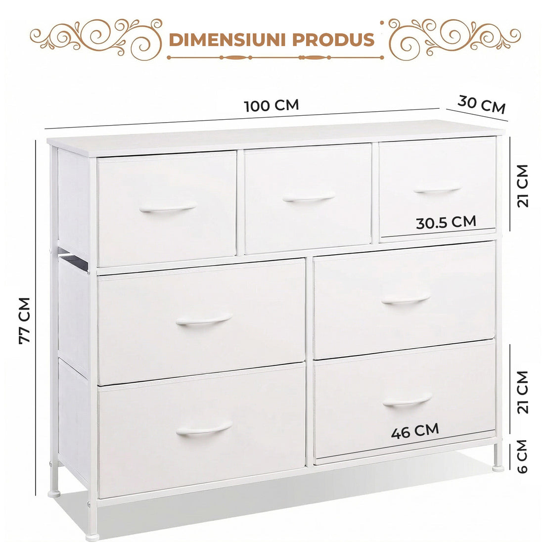 Comoda Elindor® cu 7 Sertare, Cadru Metalic, Blat Lemn, Sertare Textil, pentru Dormitor, Living, Depozitare Haine, Jucarii, Accesorii, 100 × 30 × 77 cm, Alb
