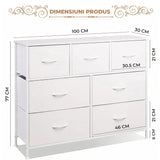 Comoda Elindor® cu 7 Sertare, Cadru Metalic, Blat Lemn, Sertare Textil, pentru Dormitor, Living, Depozitare Haine, Jucarii, Accesorii, 100 × 30 × 77 cm, Alb