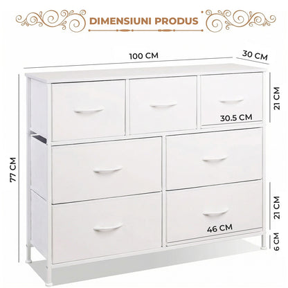 Comoda Elindor® cu 7 Sertare, Cadru Metalic, Blat Lemn, Sertare Textil, pentru Dormitor, Living, Depozitare Haine, Jucarii, Accesorii, 100 × 30 × 77 cm, Alb