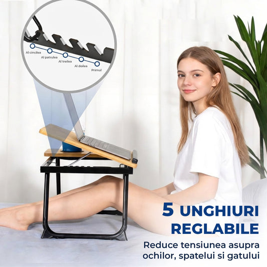 Masa Pliabila pentru Laptop Elindor® Suport Inaltime Reglabila 5 Trepte, Unghi Ajustabil, Antiderapanta, Usor de Depozitat, Birou Portabil cu Suport pentru Pahar si Mouse, Utilizare in Orice Loc, Ideala la Munca sau Mic Dejun la Pat, Bej