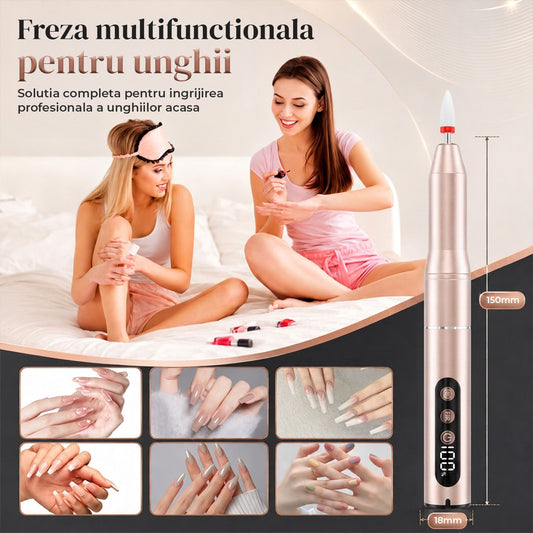 Freza Portabila Unghii Elindor® 35000 RPM, Pila Electrica Profesionala, Manichiura si Pedichiura, fara Fir, Afisaj LED, Ecran LCD, Accesorii Incluse, 5 Trepte de Viteza, 12 Capete de Frezare, Slefuire Cuticule, Acumulator 550 mAh, Auriu