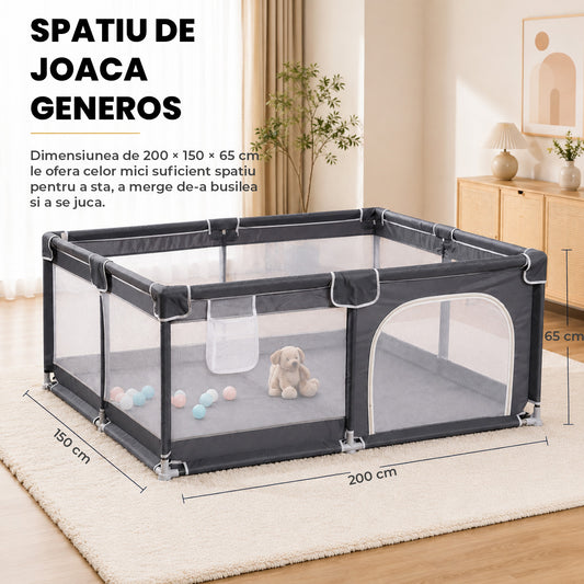Tarc de Joaca pentru Bebelusi si Copii Elindor® Spatiul Sigur de Joaca, Plasa de Protectie, Include Usa cu Fermoar, Materiale Eco-Friendly și Non-Toxice, Varsta 0-5 ani, 200 x 150 x 65 cm, Gri Inchis