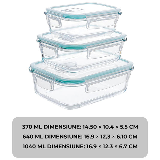 Set de 3 Caserole Elindor® din Sticla, Recipiente Ingrediente pentru Bucatarie, pentru Alimente Uscate, Recipient pentru Depozitare Zahar, Cafea, Paste, Cereale, Capac Etans, Potrivit pentru Congelator, 370 ml + 640 ml + 1040 ml, Transparent