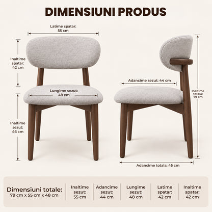 Set 2 Scaune Elindor® Ergonomice, Design Contemporan, Scaun cu Spatar si fara Manere, din Bumbac si In cu Picioare Maro Inchis, Potrivite pentru Living, Bucatarie, Birou, Dormitor, Gri Deschis