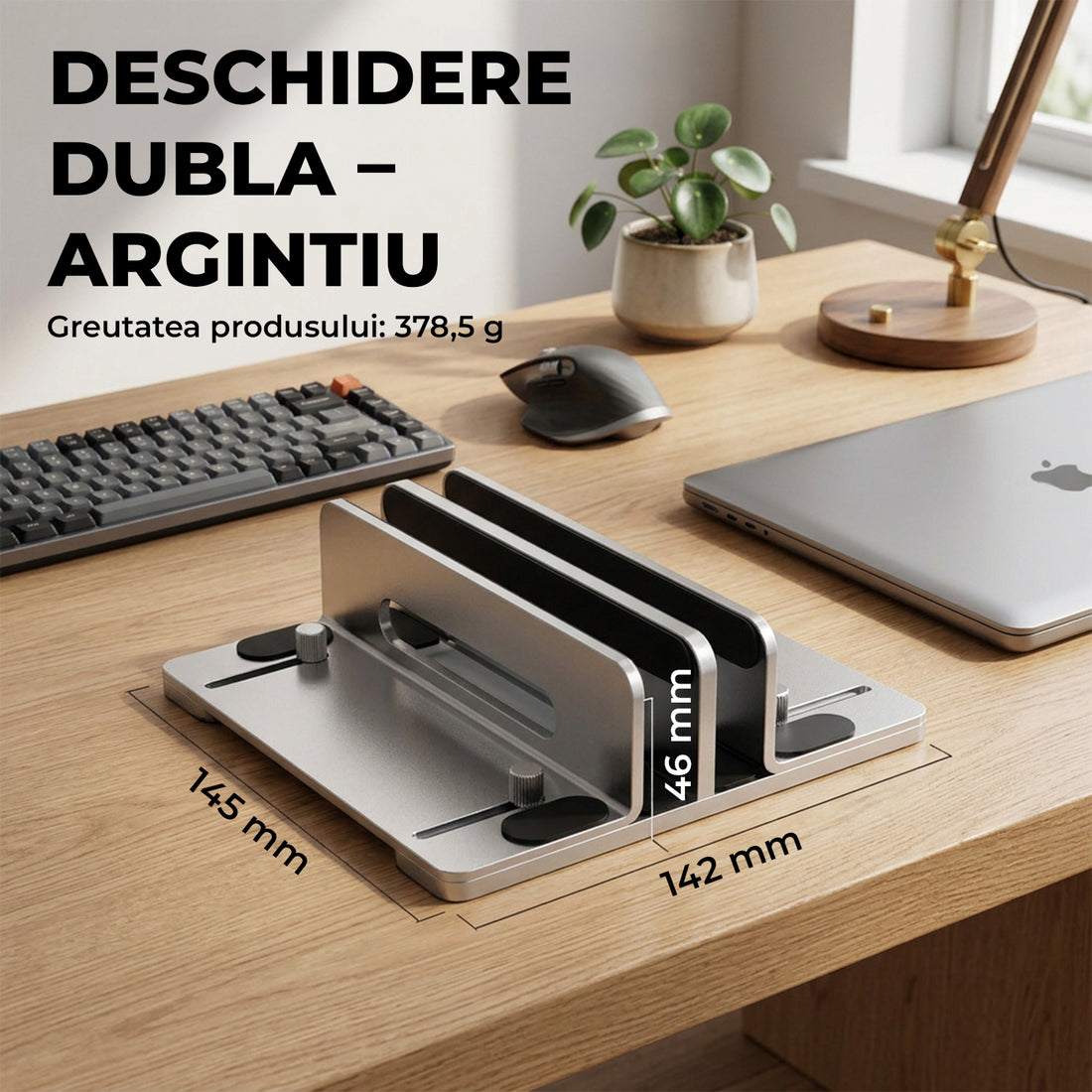 Suport Vertical Elindor® pentru Laptop, Tableta, Notebook si Carti, cu 3 Sloturi, Reglabil, Stand Universal, Compatibil Pana la 17.3 Inch, Ideal pentru Birou, Acasa, 14.5 x 14.2 x 4.6 cm, Argintiu