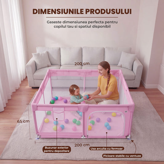 Tarc de Joaca pentru Bebelusi si Copii Elindor® cu Husa Groasa din Spuma, Spatiul Sigur de Joaca, Plasa de Protectie, Include Usa cu Fermoar, Materiale Eco-Friendly și Non-Toxice, Varsta 0-5 ani, 200 x 200 x 65 cm, Roz