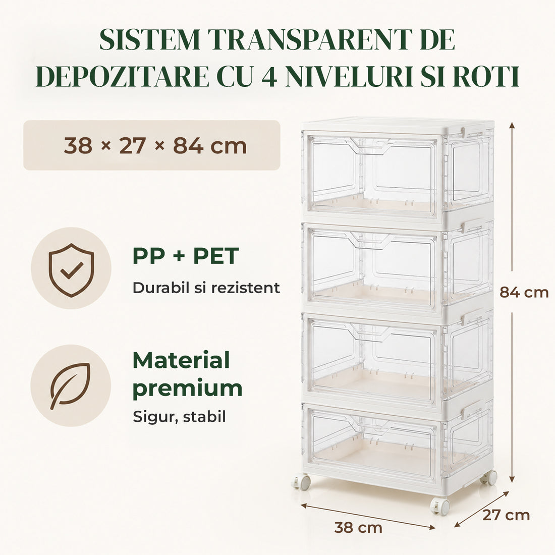 Organizator 4 Nivele Elindor® Carucior cu Roti, Modular, Ajustabil, Raft Mobil Organizare Baie, Camara, Birou, Bar, Dulap pentru Depozitare Legume, Fructe, Detergenti, Parfumuri, Haine, 4x Cutie Detasabila, 38 x 27 x 84 cm, Transparent