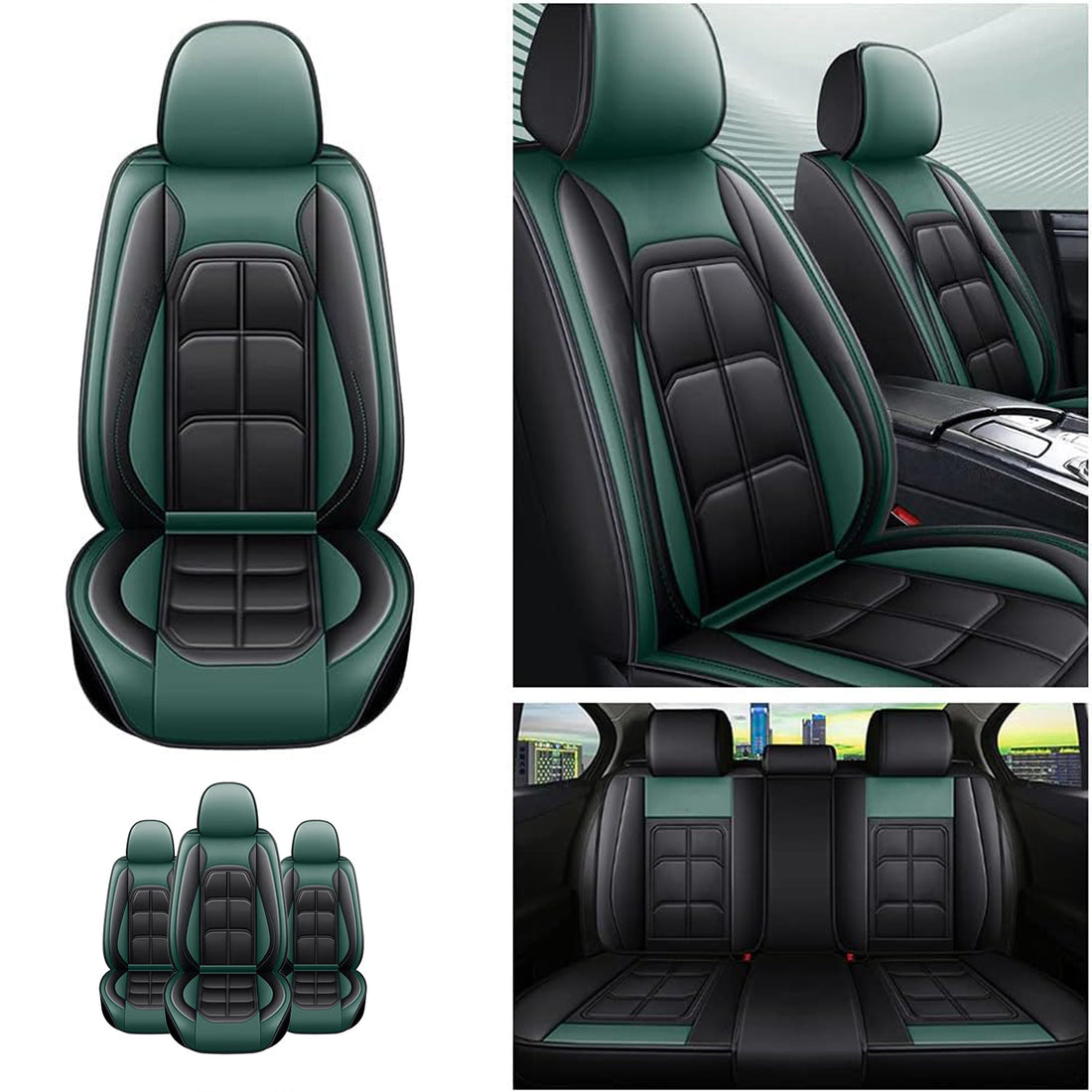Set 5 Huse Scaune Auto Elindor® Universale, Husa pentru Protectie Sezut si Spatar Scaun Fata si Bancheta Spate, Impermeabila, Piele Ecologica, Accesorii Masina Huse Interior, Verde Inchis