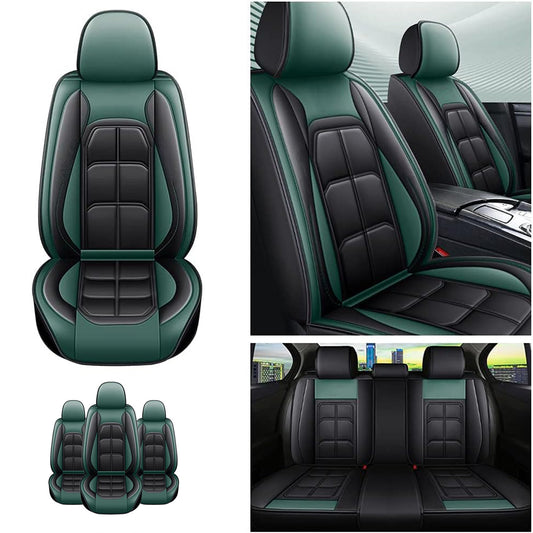 Set 5 Huse Scaune Auto Elindor® Universale, Husa pentru Protectie Sezut si Spatar Scaun Fata si Bancheta Spate, Impermeabila, Piele Ecologica, Accesorii Masina Huse Interior, Verde Inchis