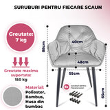 Set 2 Scaune Elindor® Ergonomice, Design Contemporan, Scaun cu Spatar si cu Manere, din Catifea cu Picioare Metalice Negre, Potrivite pentru Living, Bucatarie, Birou, Dormitor, Latime Sezut 55 cm, Gri