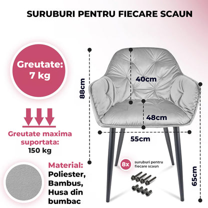 Set 2 Scaune Elindor® Ergonomice, Design Contemporan, Scaun cu Spatar si cu Manere, din Catifea cu Picioare Metalice Negre, Potrivite pentru Living, Bucatarie, Birou, Dormitor, Latime Sezut 55 cm, Gri