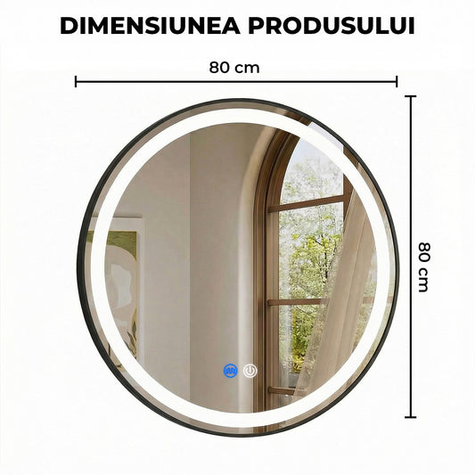 Oglinda de Perete Elindor® Rotunda, Antiaburire, cu Rama Neagra, Ideala pentru Baie, Iluminare Led, 3 Culori Lumina, Dimabila, Buton ON/OFF Luminat si Noaptea, Rezistenta la Umiditate IP44, 80 x 80 cm