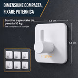 Set 6 Carlige Adezive Elindor® din Otel Inoxidabil, Montare Fara Gaurire, Greutate Mxima Suportata 10 kg, Design patrat si Colturi Rotunjite, Instalare Usoara, Ideal pentru Baie, Bucatarie sau Birou, 4.5 x 4.5 cm, Alb