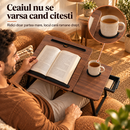 Masa Pliabila pentru Laptop Elindor® cu Suport Pahar, Antiderapanta, Unghiuri de Inclinare, Usor de Depozitat, Birou Portabil Utilizare in Orice Loc, Ideala la Munca sau Mic Dejun la Pat, Maro / Negru