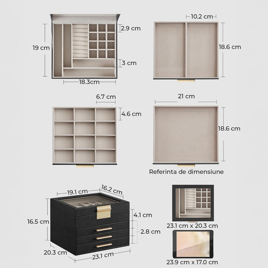 Cutie de Bijuterii Elindor® cu Capac, Organizator 4 Niveluri, 3x Sertar, Spatiu de Depozitare Inel, Verighete, Lantisoare, Bratari, Cercei, Caseta din Material Catifelat, Design Rafinat, Simplu si Elegant, Piele Ecologica Neagra, 23×20x16