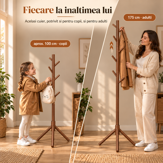 Cuier Tip Pom Elindor® de Podea cu 8 Carlige si Inaltime Reglabila, Lemn Pin, pentru Hol, Dormitor sau Birou, 175 × 45 cm, Maro