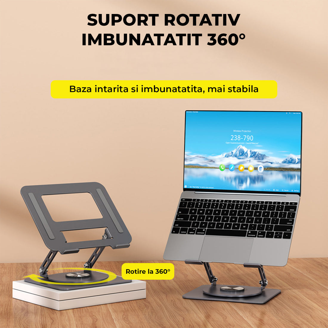 Suport Laptop si Tableta Elindor®, Masa Ergonomica Reglabila si Portabila, Stand Universal cu Baza Rotativa 360°, Antiderapanta, Compatibil 10–15.5 Inch, Ideal pentru Birou, Acasa si Calatorii, Gri
