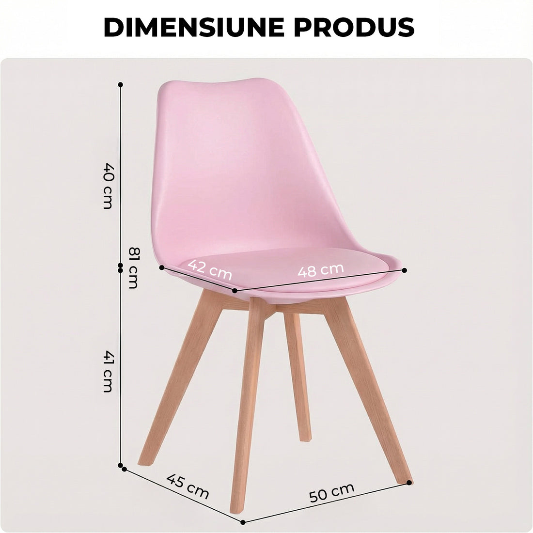Set 4 Scaune Bucatarie Roz Elindor® din Piele Ecologica, Picioare din Lemn, Scaun Confortabil, Perna Sezut, Elegant, pentru Bucatarie, Dormitor, Living, 50 x 45 x 81 cm