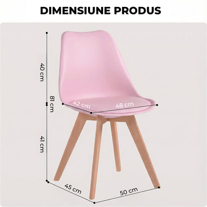 Set 4 Scaune Bucatarie Roz Elindor® din Piele Ecologica, Picioare din Lemn, Scaun Confortabil, Perna Sezut, Elegant, pentru Bucatarie, Dormitor, Living, 50 x 45 x 81 cm