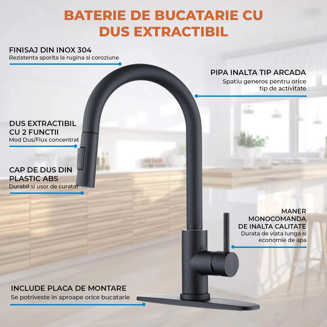 Baterie Chiuveta Bucatarie Neagra Elindor® Robinet de Apa, Modern cu Pipa Flexibila, Jet Reglabil, Cap Dus Extractabil cu Doua Functii, Monocomanda, Rotativ 360°, pentru Bucatarie, Otel Inoxidabil si Alama, Finisaj Mat