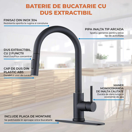 Baterie Chiuveta Bucatarie Neagra Elindor® Robinet de Apa, Modern cu Pipa Flexibila, Jet Reglabil, Cap Dus Extractabil cu Doua Functii, Monocomanda, Rotativ 360°, pentru Bucatarie, Otel Inoxidabil si Alama, Finisaj Mat