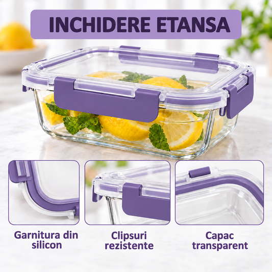 Set de 10 Caserole Elindor® din Sticla Borosilicata, Recipiente Ingrediente pentru Bucatarie, pentru Alimente Uscate, Recipient pentru Depozitare Zahar, Cafea, Paste, Cereale, Capac Etans, Mov