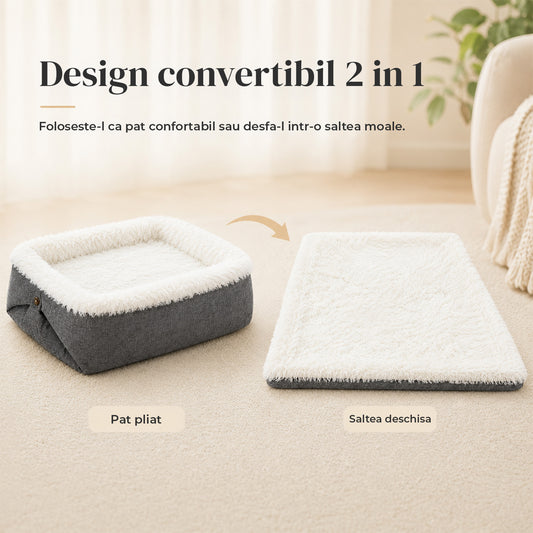 Pat Confortabil pentru Caini si Pisici Elindor® Tip Cuib pentru Relaxare, Dreptunghiular, Culcus Moale Antiderapant, Potrivit pentru Caine si Pisica de Talie Mica si Medie, Ideal in Orice Anotimp, in Casa, 61 x 51 cm, Gri