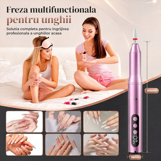 Freza Portabila Unghii Elindor® 35000 RPM, Pila Electrica Profesionala, Manichiura si Pedichiura, fara Fir, Afisaj LED, Ecran LCD, Accesorii Incluse, 5 Trepte de Viteza, 12 Capete de Frezare, Slefuire Cuticule, Acumulator 550 mAh, Roz