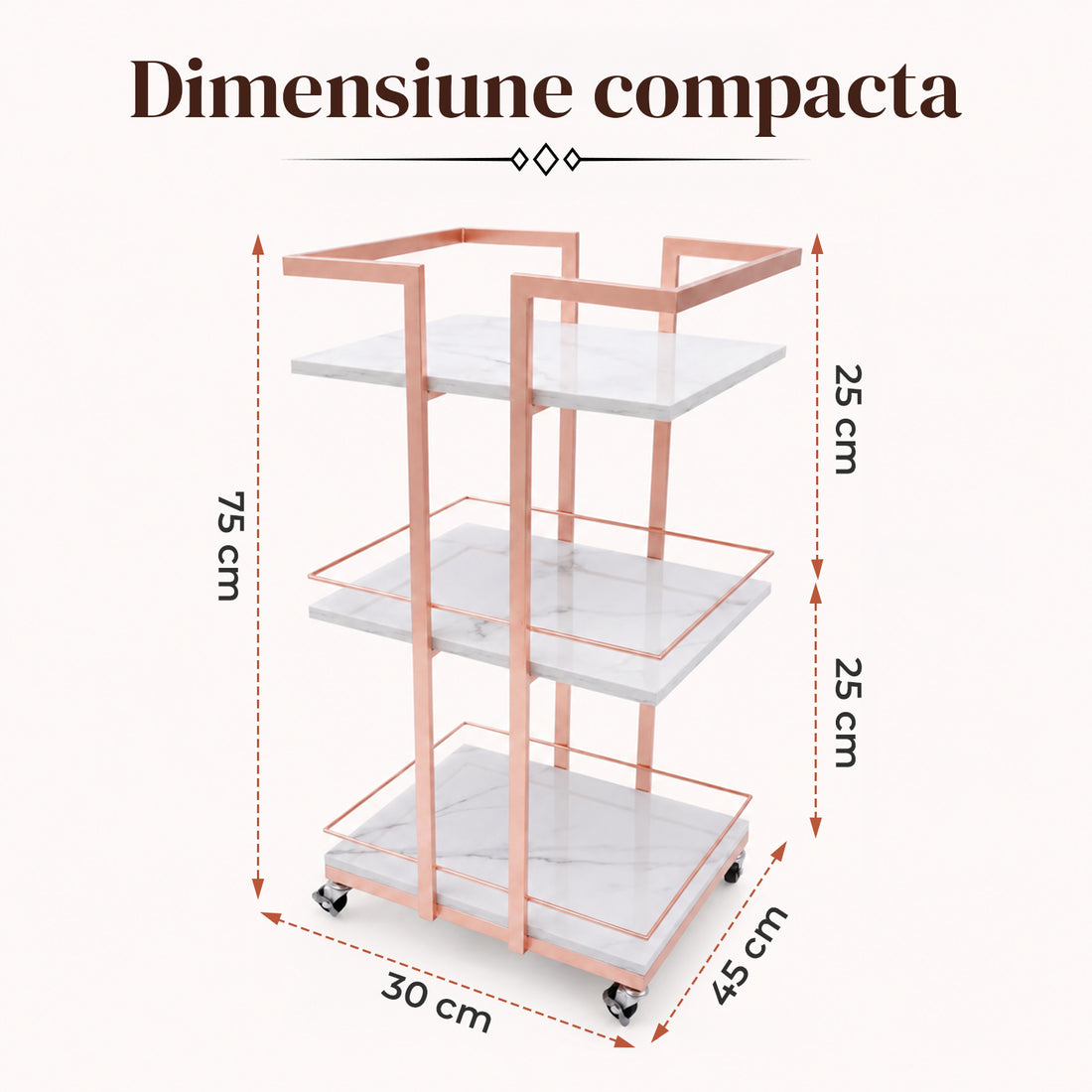 Carucior Organizator 3 Niveluri Elindor® , cu Roti 360°, Organizator Baie, Multifunctional, Raft Mobil Organizare Salon, Bucatarie, Camara, Birou, Bar, 76 x 33 x 43 cm, Rose Gold