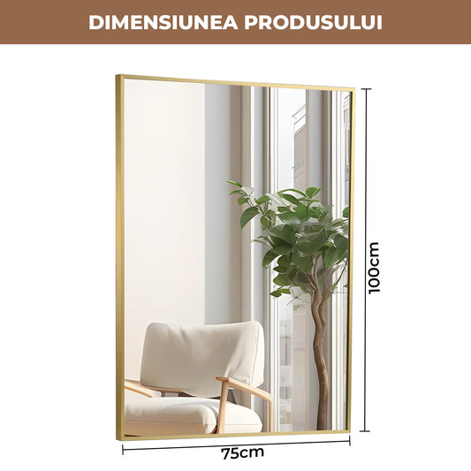 Oglinda Decorativa 100 x 75 cm Elindor® Agatare pe Perete sau Sprijinita, Rama Aurie, Dreptunghiulara, Moderna si Eleganta, Reflexie HD, Sticla fara Distorsiuni, Ideala pentru Dormitor, Living, Birou, Dressing, Hol, Baie