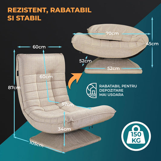 Fotoliu Reglabil Elindor® fara Manere, Scaun de Relaxare cu 5 Pozitii ale Spatarului de 60 cm, Rotativ 360°, Captusit, Ideal pentru Living, Dormitor, Gaming, 60 × 105 × 87 cm, Bej