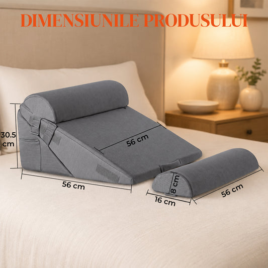Perna Ergonomica Elindor®, Perna Wedge pentru Circulatie si Recuperare, Suport pentru Genunchi, Picioare si Trunchi, cu Spuma cu Memorie, Husa Textila, 56 × 56 × 30,5 cm, Gri